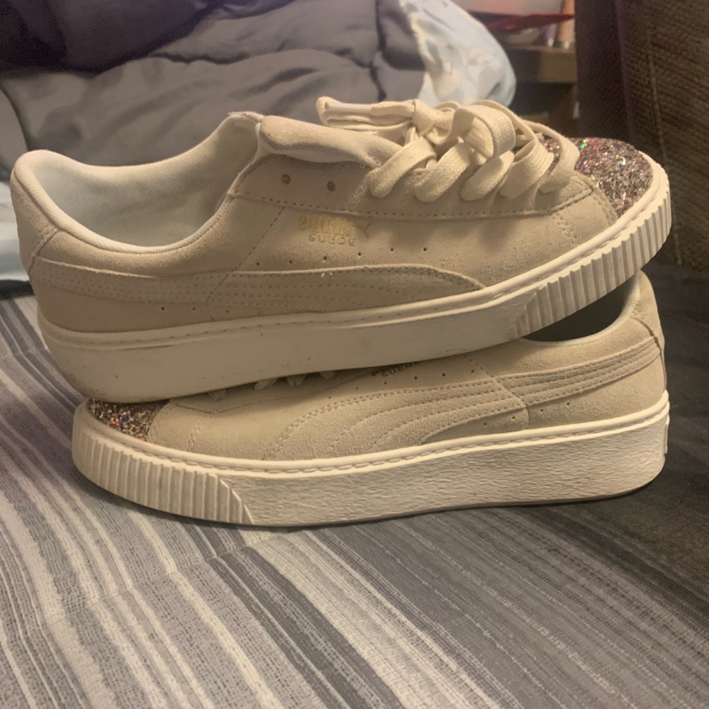 Beige & Glitter Suede Platform Sneakers | Puma